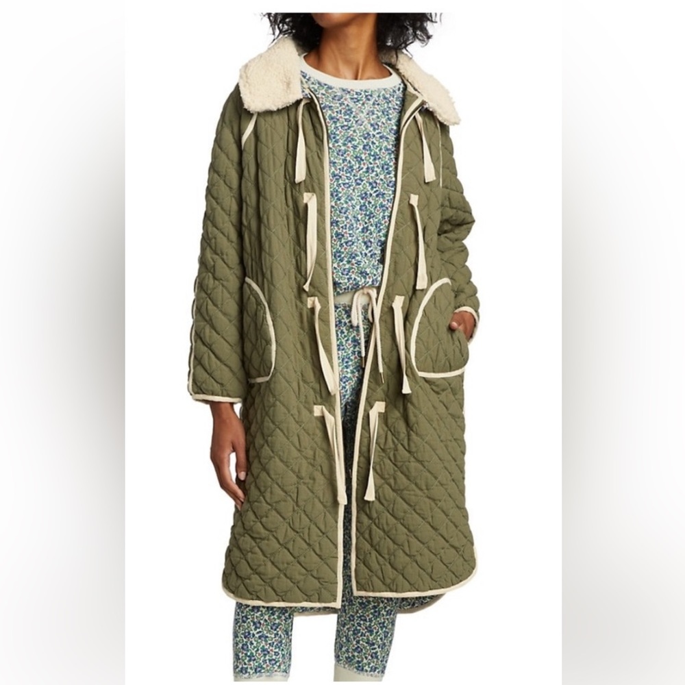 THE GREAT. Olive Green Quilted Coat with Contrast Trim